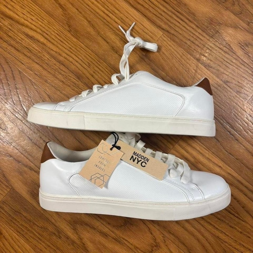 Madden NYC White Low Top Sneakers 10.5 Faux Leather Minimalist Casual Shoes NWT